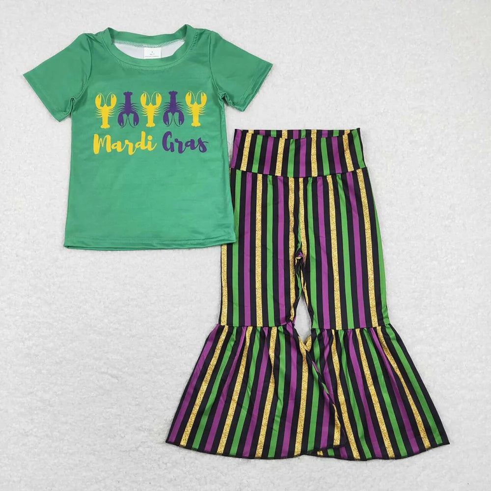 BT0501+P0405 Baby Girls Green Mardi Gras Crawfish Shirt Stripes Bell Pants Clothes Set