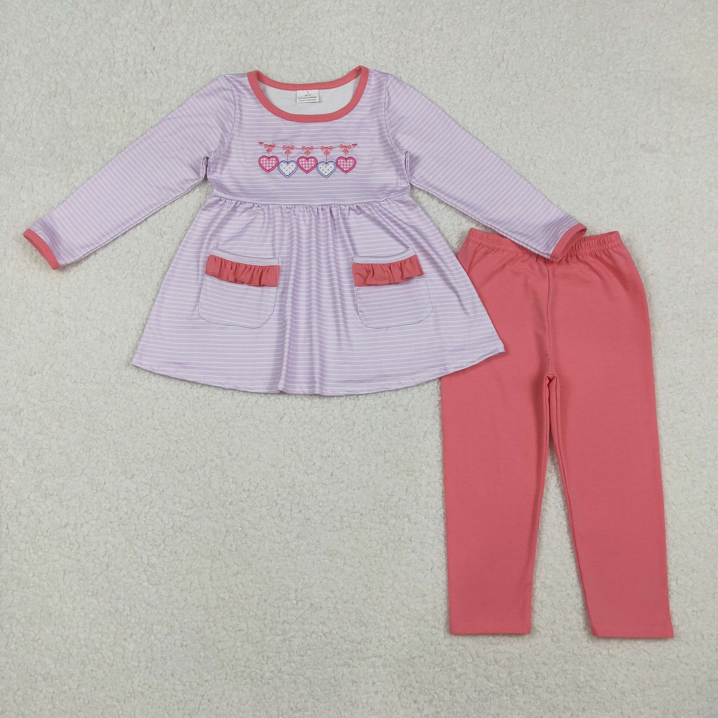 GLP2906 Embroidery Baby Girls Hearts Lavender Stripe Pockets Tunic Leggings Valentine Clothes Set C10.22