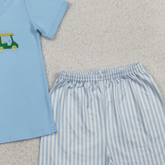 RTS BSSO1696 Embroidery Golf Trucks Baby Boys Shirts Top Stripe Shorts Clothes Sets