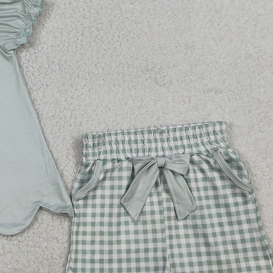 RTS GSSO2906 Baby Girls Cartoon Monkeys Scallop Tunic Checked Pockets Shorts Clothes Sets