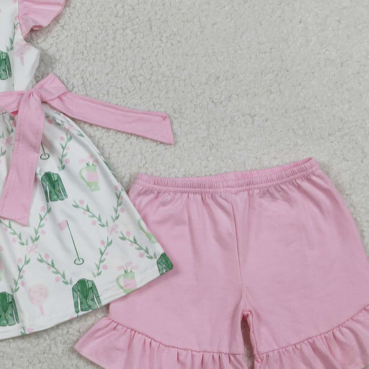 RTS GSSO3063 Baby Girls Flowers Golf Checked Bows Tunic Ruffle Shorts Clothes Sets