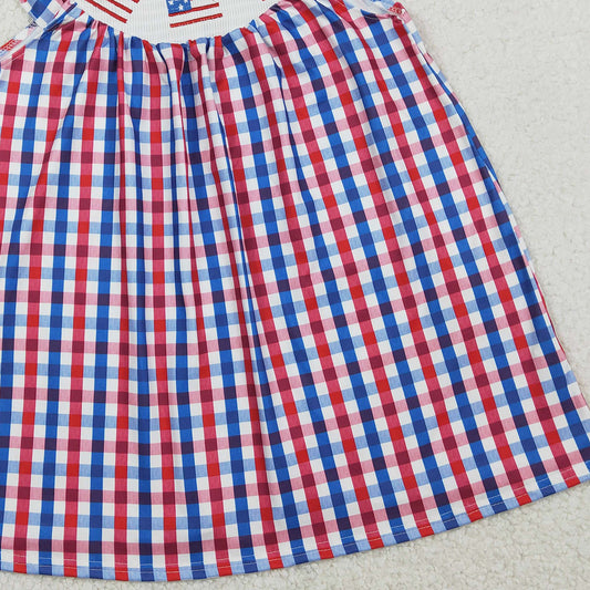 RTS GSD3506 Baby Girls Smocked Flags Red Blue Checked 4th Of July Knee Length Dresses