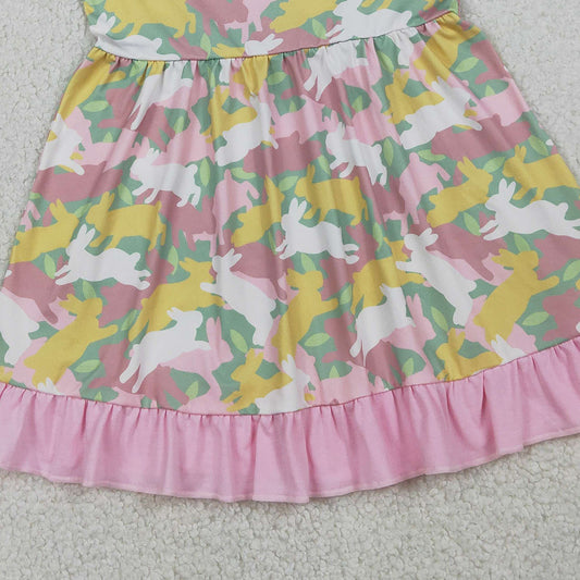RTS GSD3286 Baby Girls Short Sleeve Rabbits Camo Easter Ruffle Knee Length Dresses