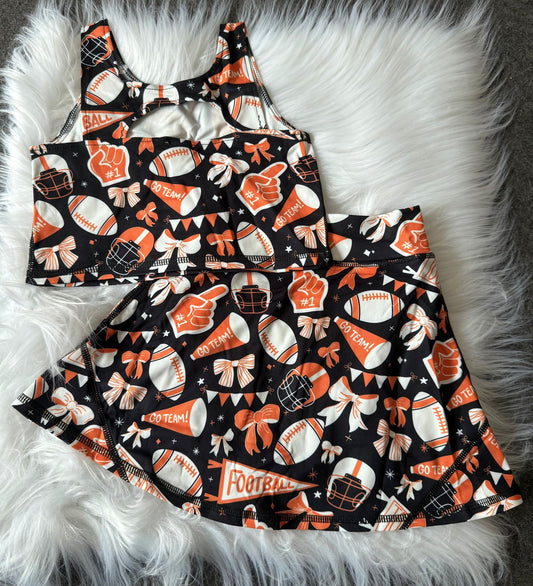 GSD2687 Baby Girls Team Orange Football Bows Vest Top Short Skirts Yoga Set 7.10