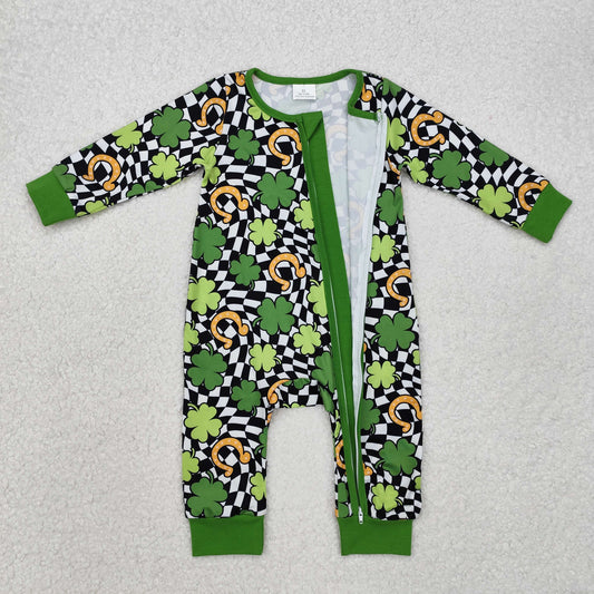 LR2090 Baby Infant Boys St Patrick Day Quatrefoil Zip Romper
