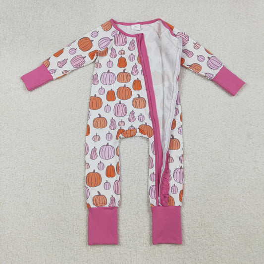 LR2566 Baby Girls Colorful Pumpkins Plaid Fall Ruffle Zipper Footie Romper C9.17