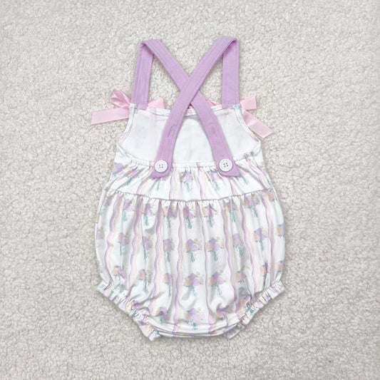 SR2961 Baby Infant Girls Hot Pink Bows Strap Floral Stripe Ruffle Romper