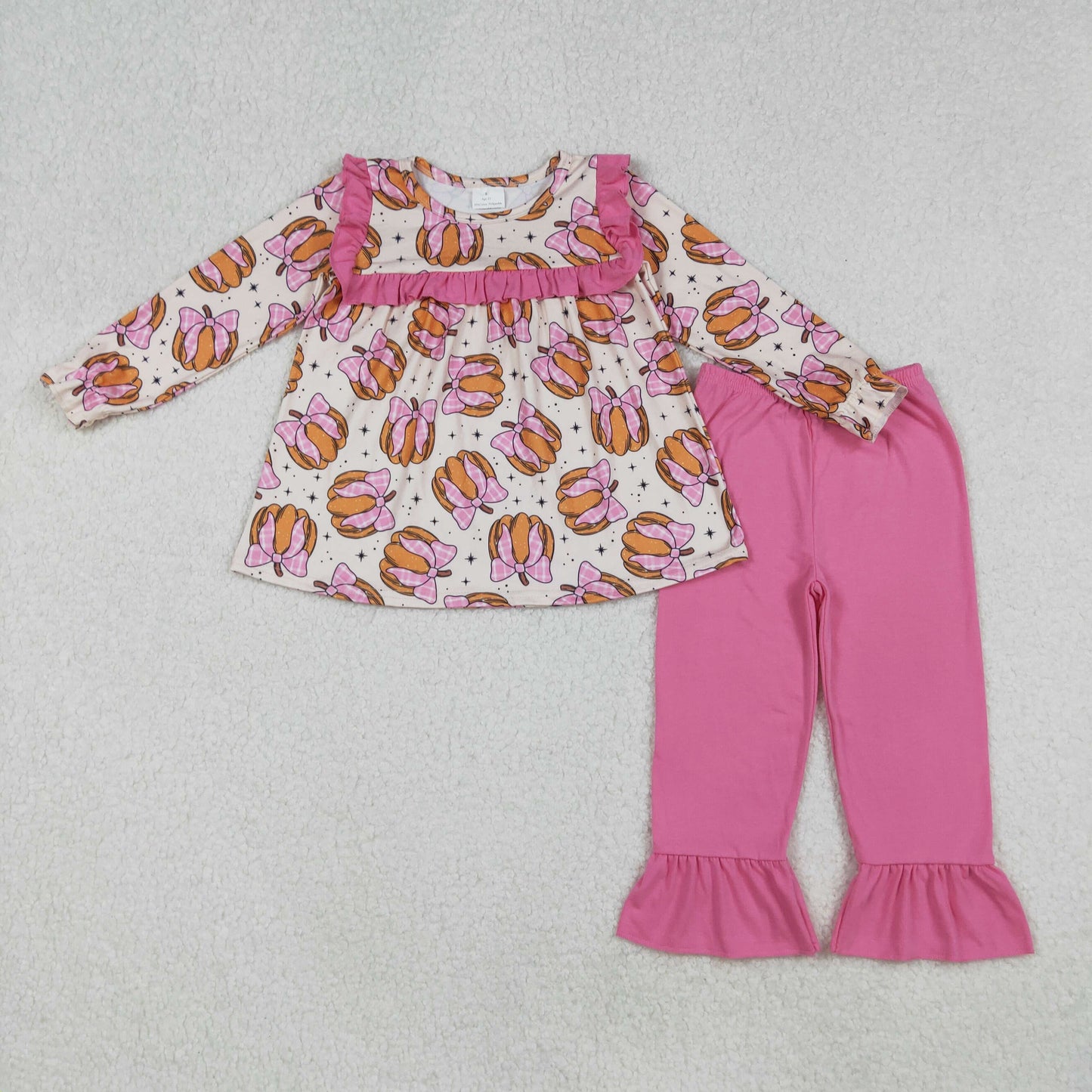 GLP2348 Baby Girls Long Sleeves Pink Bows Pumpkins Tunic Ruffle Pant Set C9.9