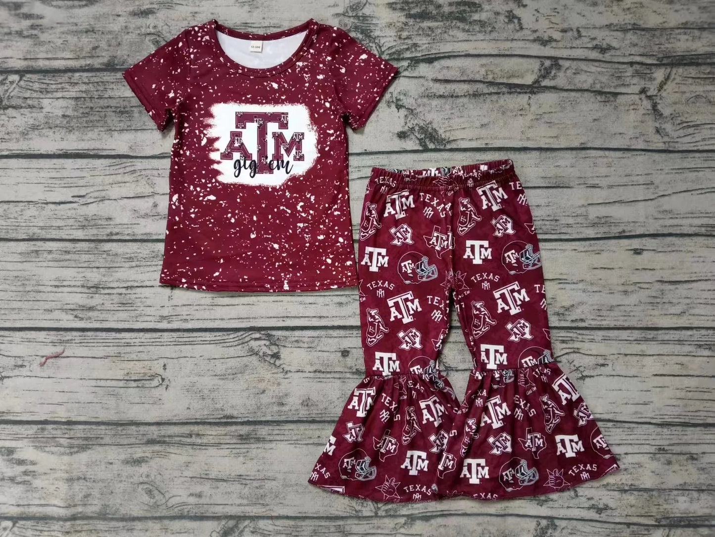 Baby Girls ATM Dark Red Team Short Sleeve Tee Shirt Bell Pants Clothes Preorder(moq 3)