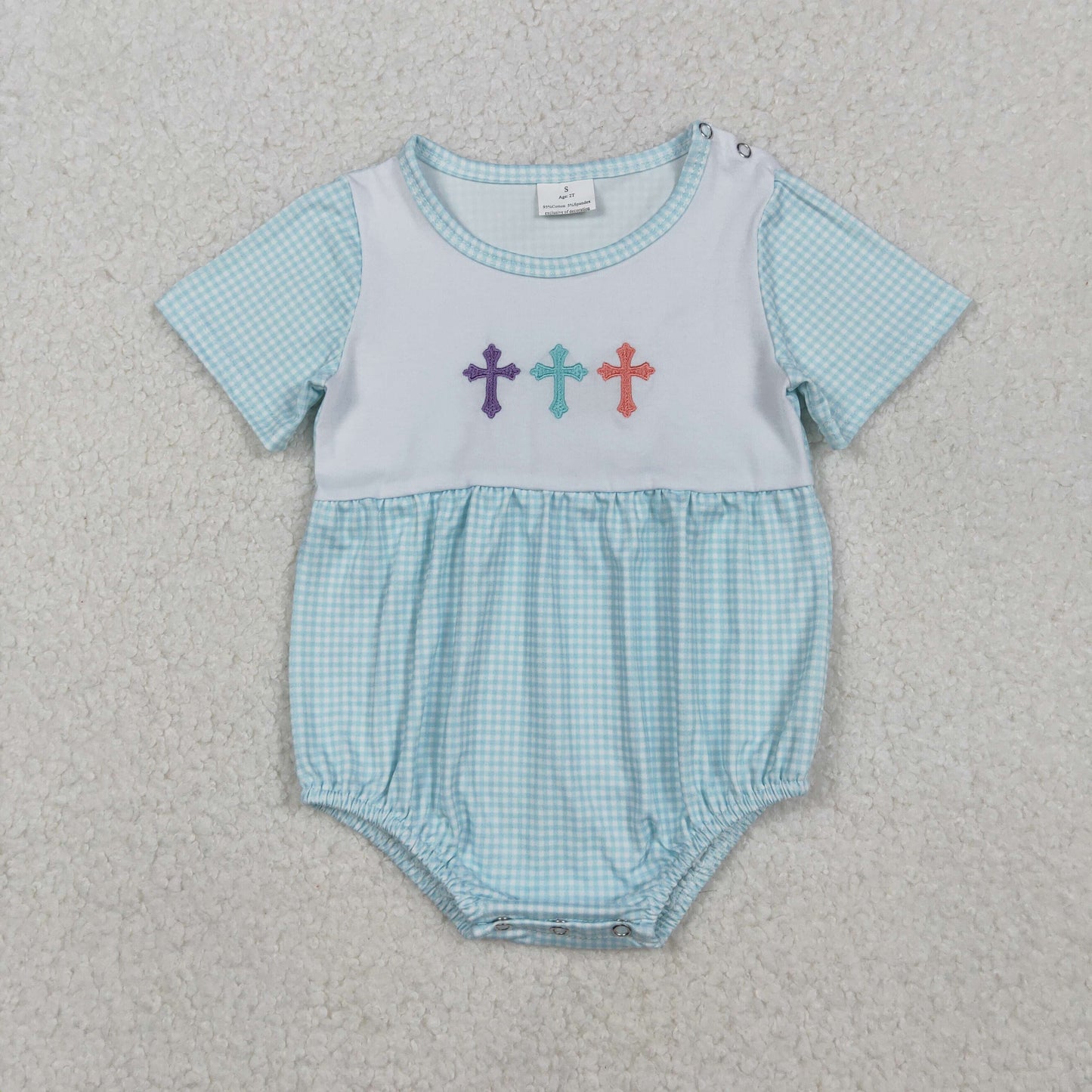 SR3215 Embroidery Baby Boys Short Sleeve Cross Easter Romper