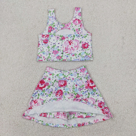 GSD1989 Baby Girls Pink Flowers Athletic Active Wear Top Shorts Skirts Clothes Set