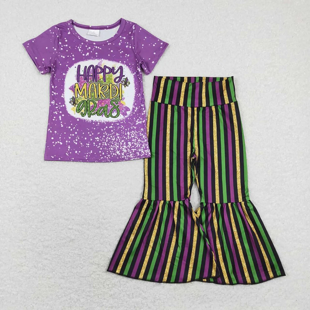 GT0374+P0405 Baby Girls Happy Mardi Gras Shirt Stripes Bell Pants Clothes Set