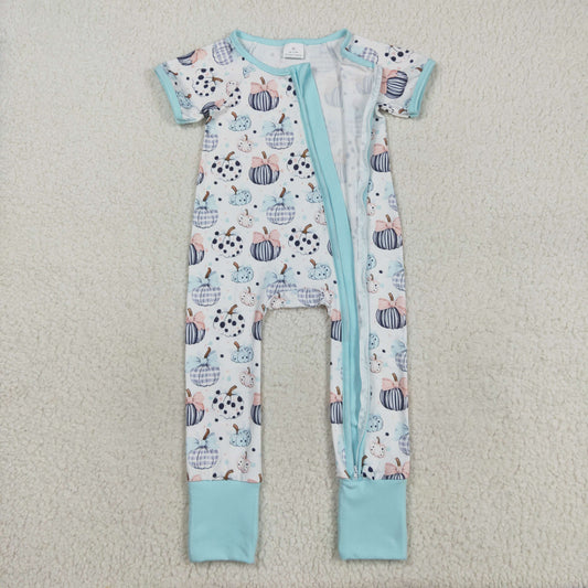 SR3109 Baby Infant Girls Blue Short Sleeves Bows Pumpkins Zipper Romper C8.15
