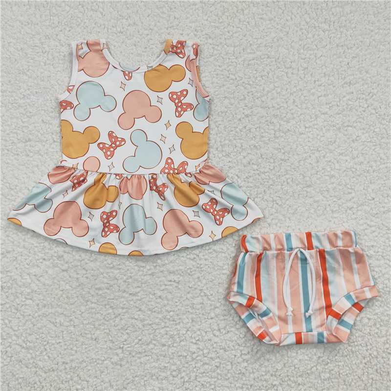 RTS GBO0083 Baby Girls Summer Stripe Bummie Outfit Set Baby Girl Clothing Set Print Stripe Bummie Shorts Outfit Set