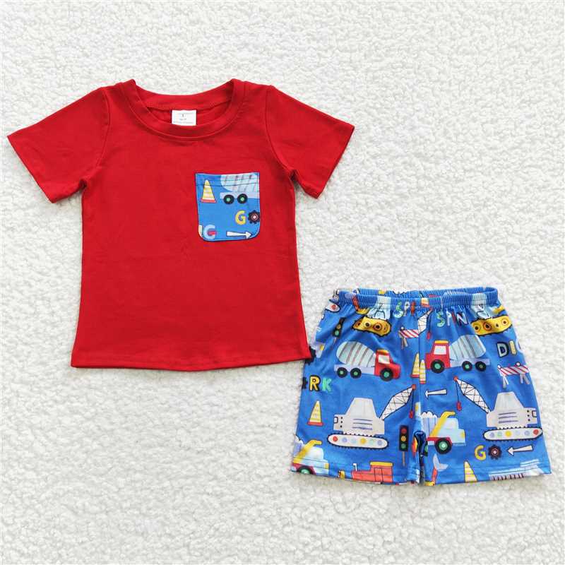 RTS BSSO0233 Baby Boys Summer Sets Baby Boys Red Construction Pocket Top Shorts Clothes