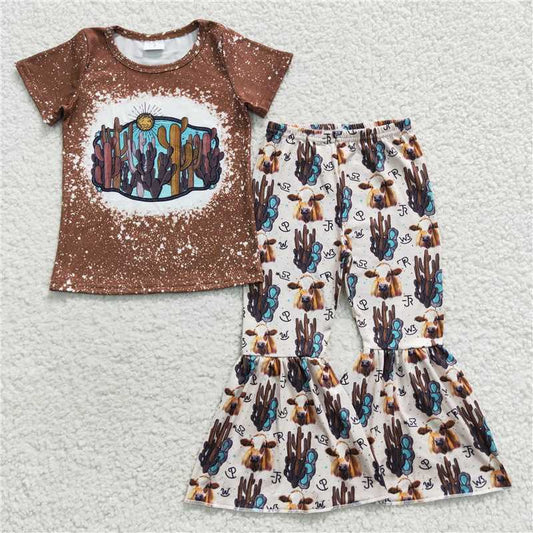 GSPO0647 Baby Girls Cactus Western Bell Bottom Pants Set