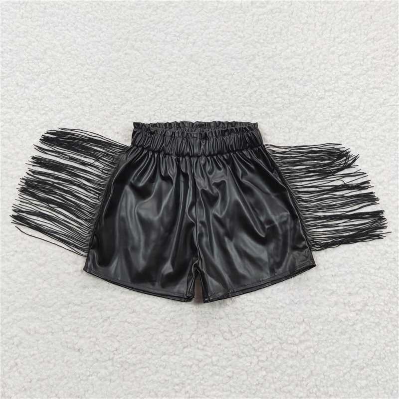 SS0094 Black glossy leather fringed shorts