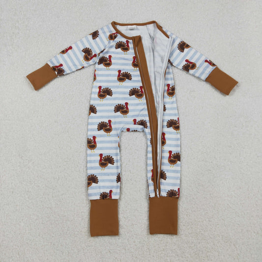 LR1191 Baby Infant Boys Thanksgiving Turkey Stripe Zipper Footie Romper C10.14
