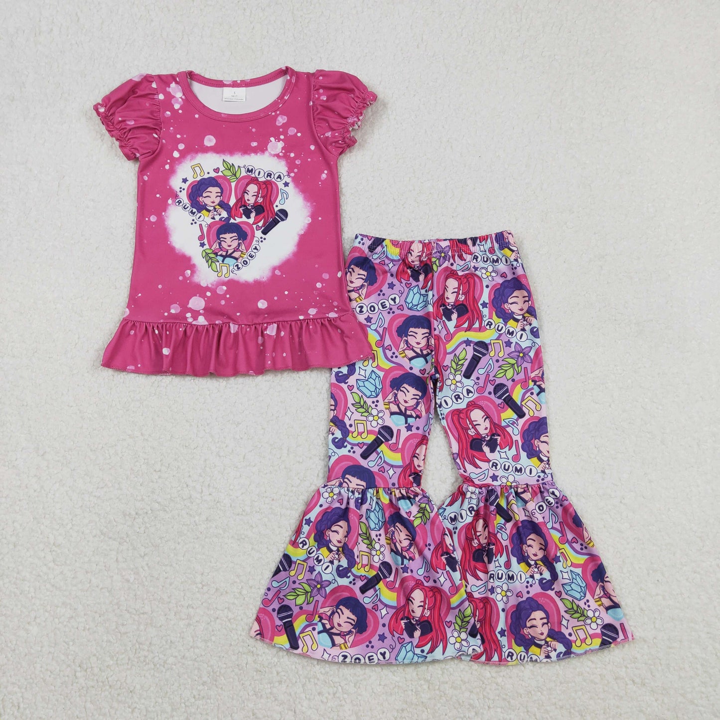 GSPO2128 Baby Girls Hot Pink Demon Hunter Ruffle Top Bell Bottom Pants Clothes Set C11.20