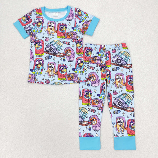 BSPO0383 Boys cartoon dog blue short-sleeved pant pajamas set