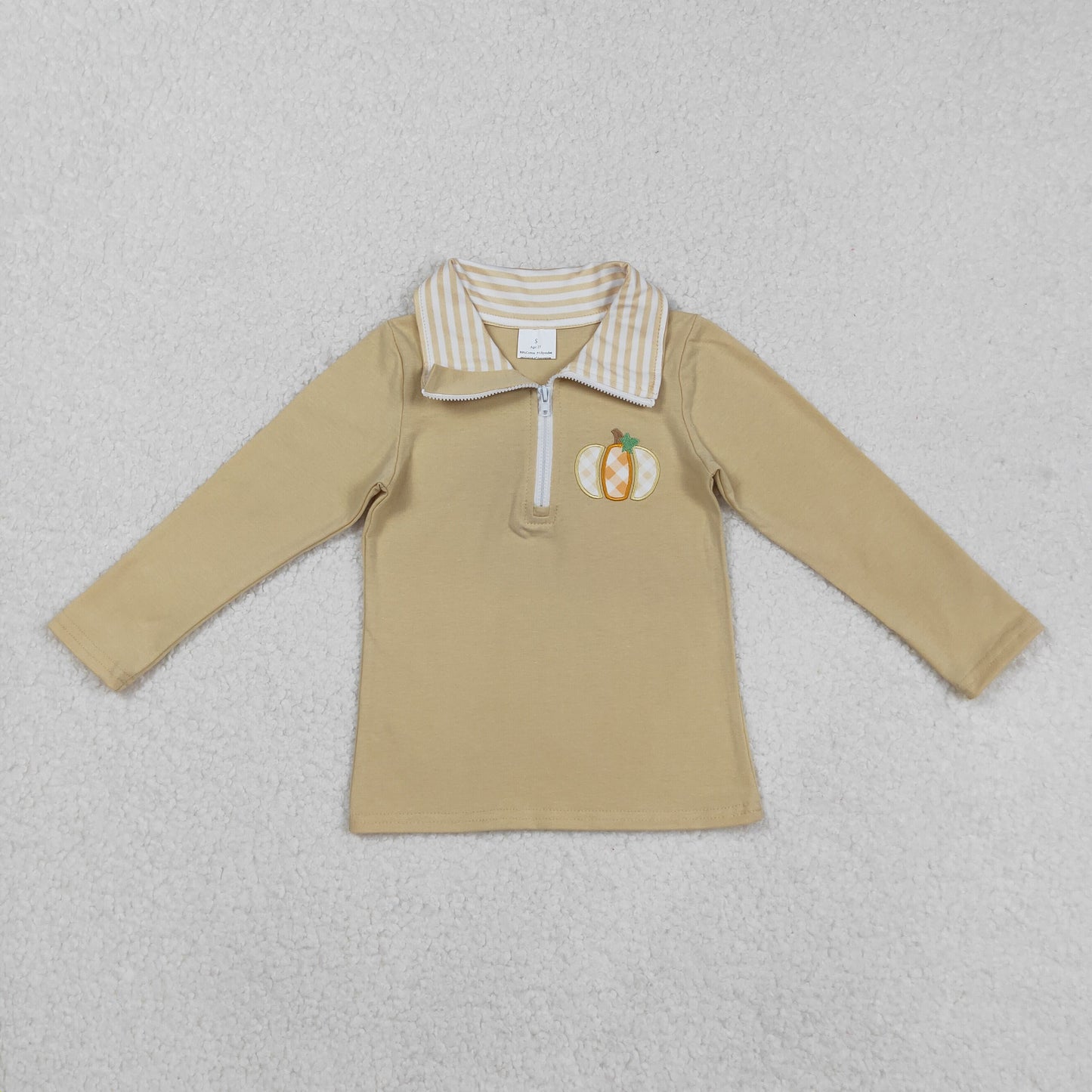 BT1293 Embroidery Baby Boys Khaki Long Sleeves Pumpkins Zipper Pullover Top C8.26