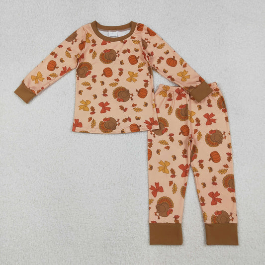GLP2883 Baby Girls Bows Turkey Pumpkins Top Pant Thanksgiving Pajamas Set C10.11