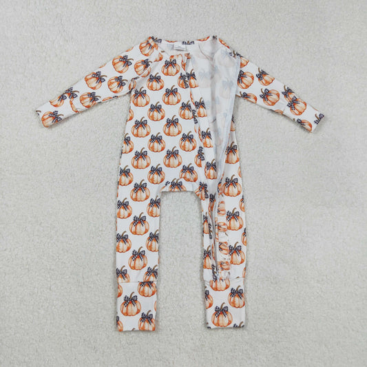 LR2557 Baby Boys Bows Pumpkins Fall Zipper Footie Romper C8.30