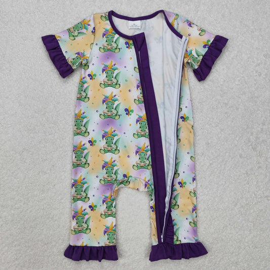 SR2068 Baby Infant Girls Mardi Gras Crocodile Zip Romper