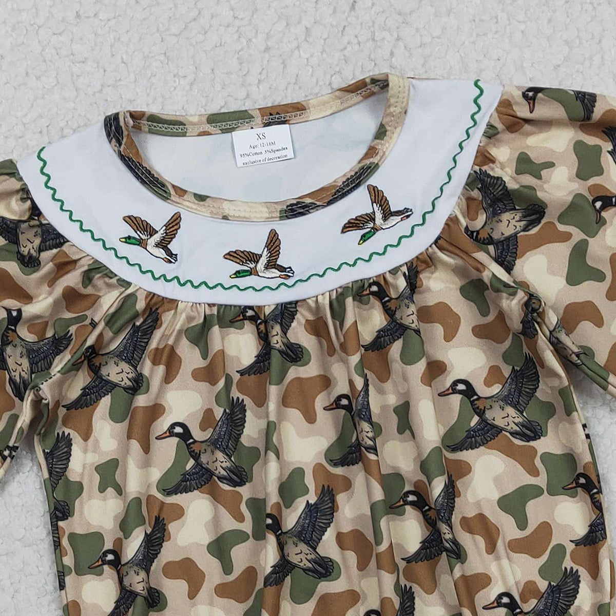 RTS LR2896 Embroidery Ducks Baby Girls Southern Khaki Camo Hunting Ruffle Rompers