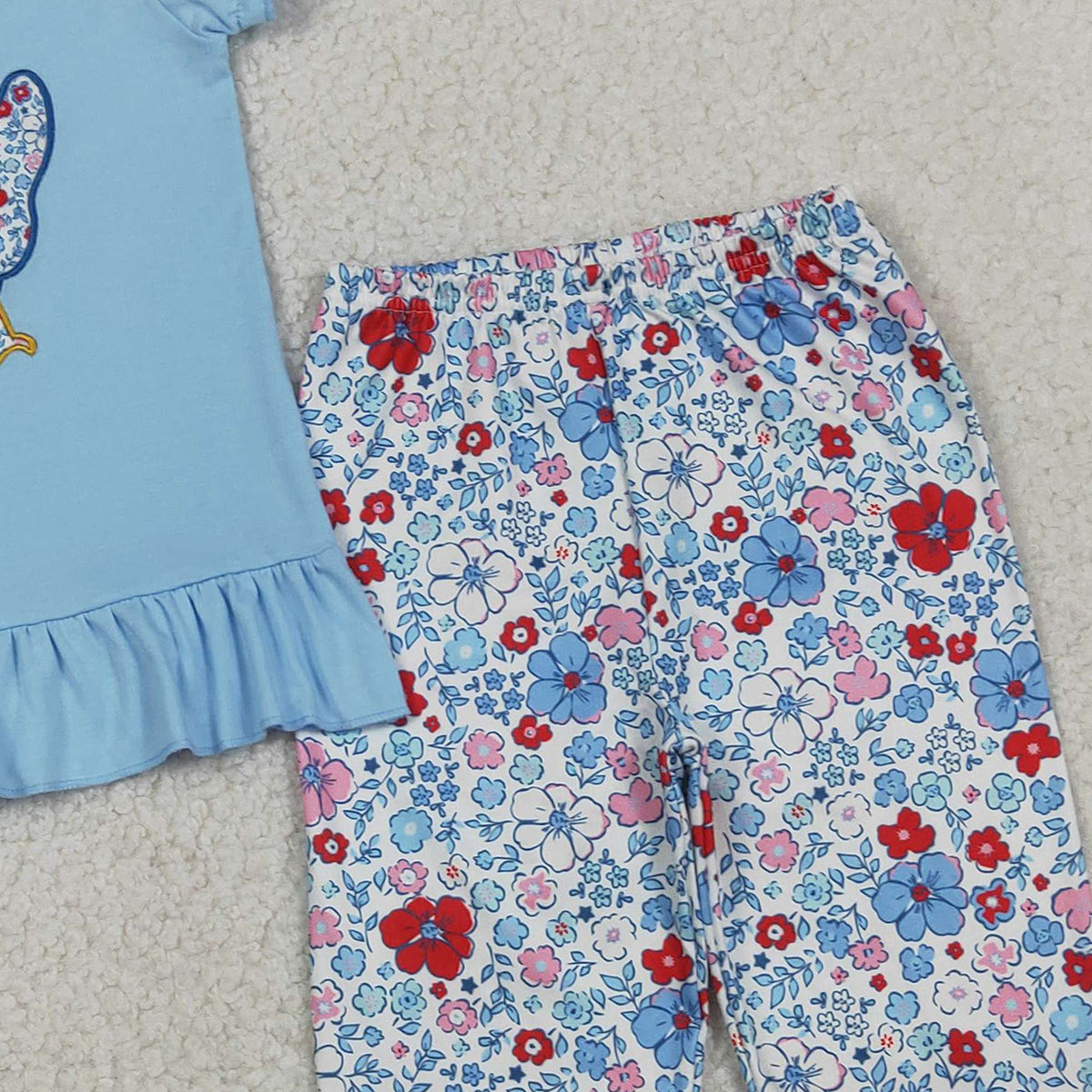 RTS GSPO2261 Kids Summer Top With Long Pants Embroidery Floral Chick Baby Girls Tunic Ruffle Pants Farm Clothes Set