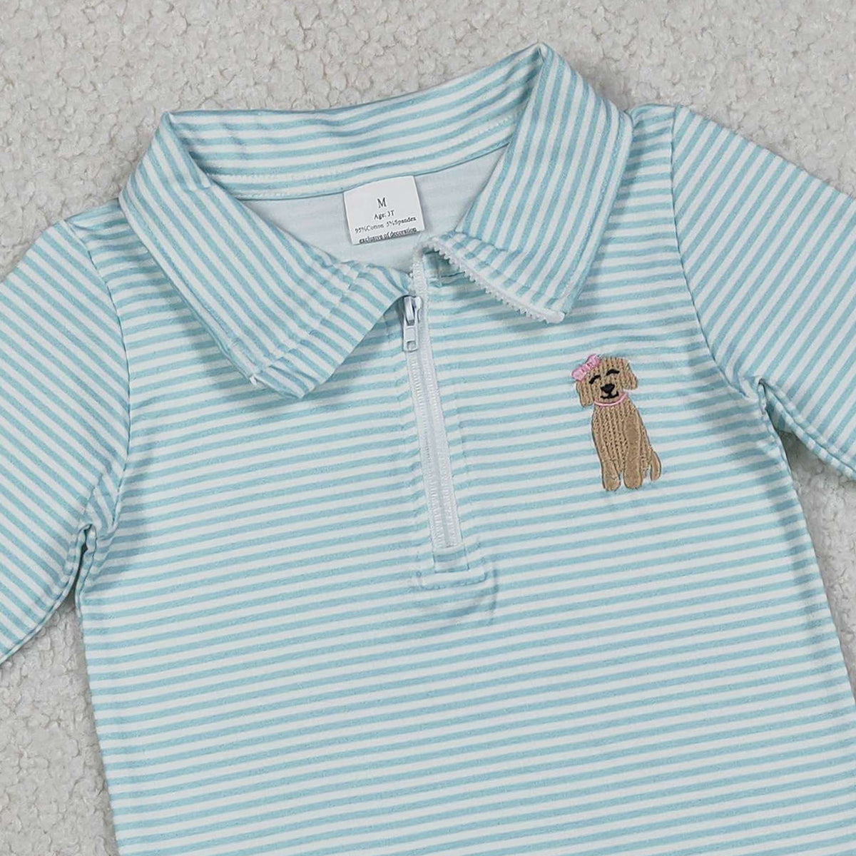RTS GT1543 Embroidery Bow Dogs Baby Girls Blue Stripe Hunting Zip Ruffle Pullovers Top