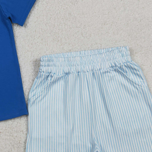RTS BSSO1670 Embroidery Baseballs Baby Boys Blue Top Pockets Stripe Shorts Team Clothes Sets