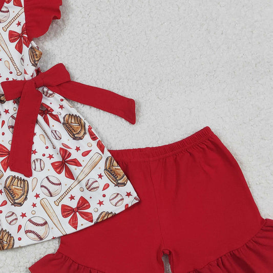 RTS GSSO3058 Baby Girls Baseballs Bows Tunic Ruffle Shorts Team Clothes Sets