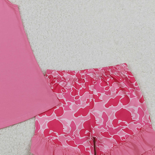 RTS GSSO3002 Embroidery Pink Camo Boxes Baby Girls Tunic Ruffle Shorts Hunting Clothes Sets