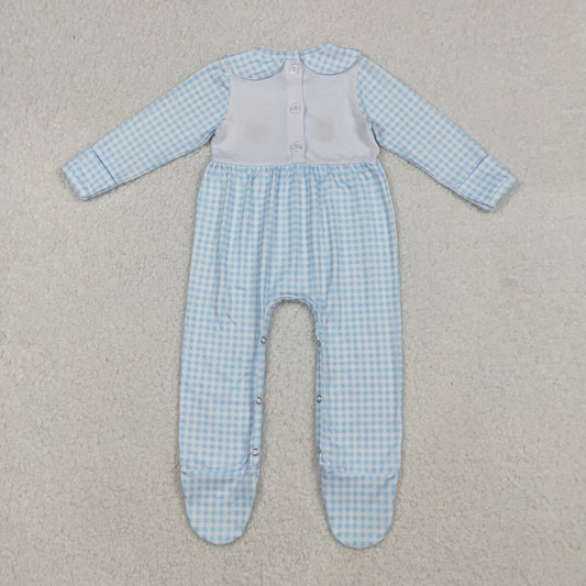 LR2561 Embroidery Baby Girls Light Blue Plaid Pumpkins Turkey Fall Footed Romper C9.25