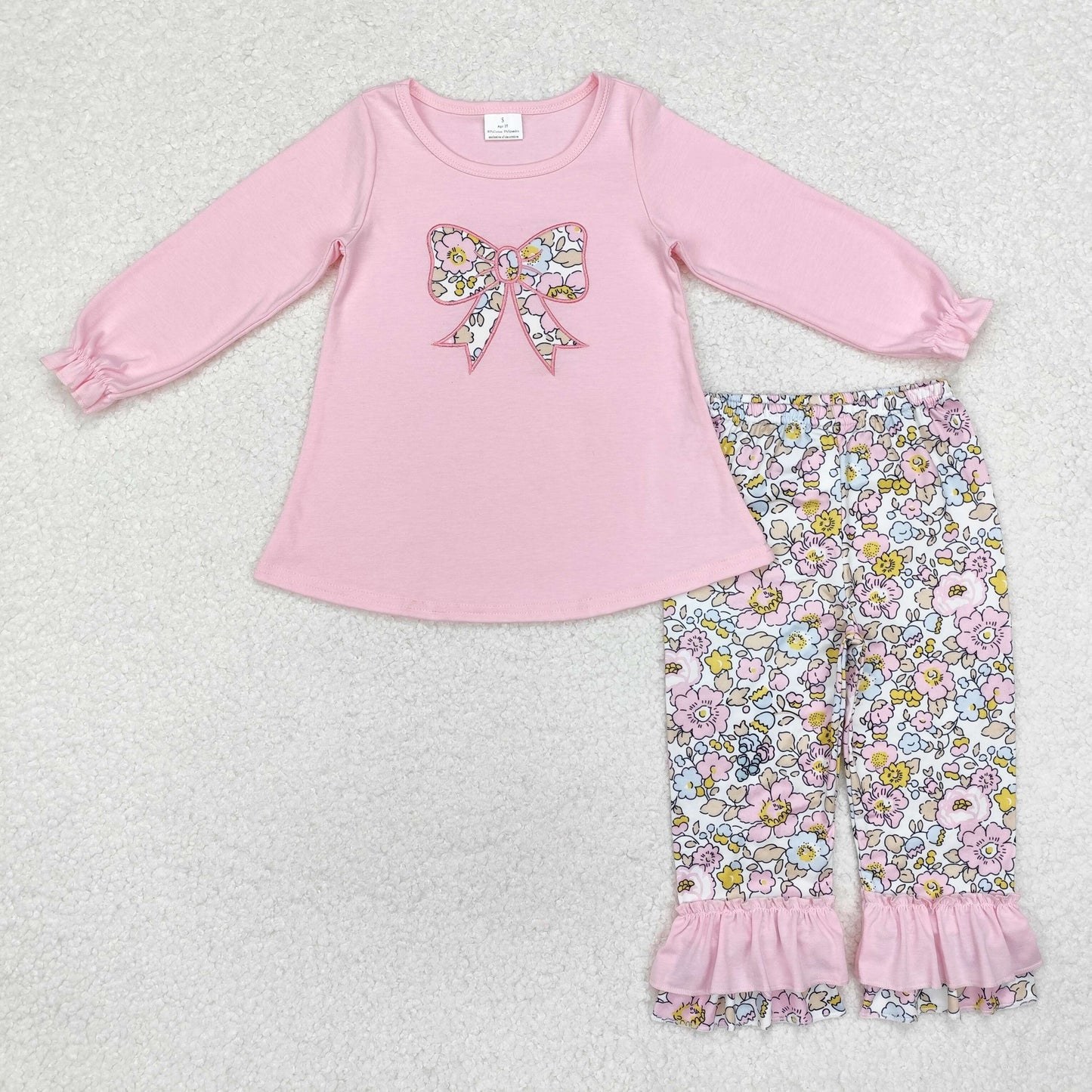 GLP1836 Baby Girls Embroidery Pink Flowers Bow Tunic Ruffle Pants Outfits Clothes Set