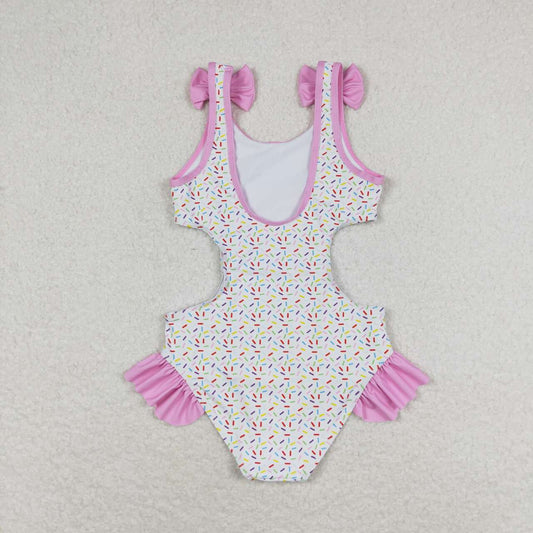 S0178 Ice Cream Pink Lace bow white one-piece swimsuit
