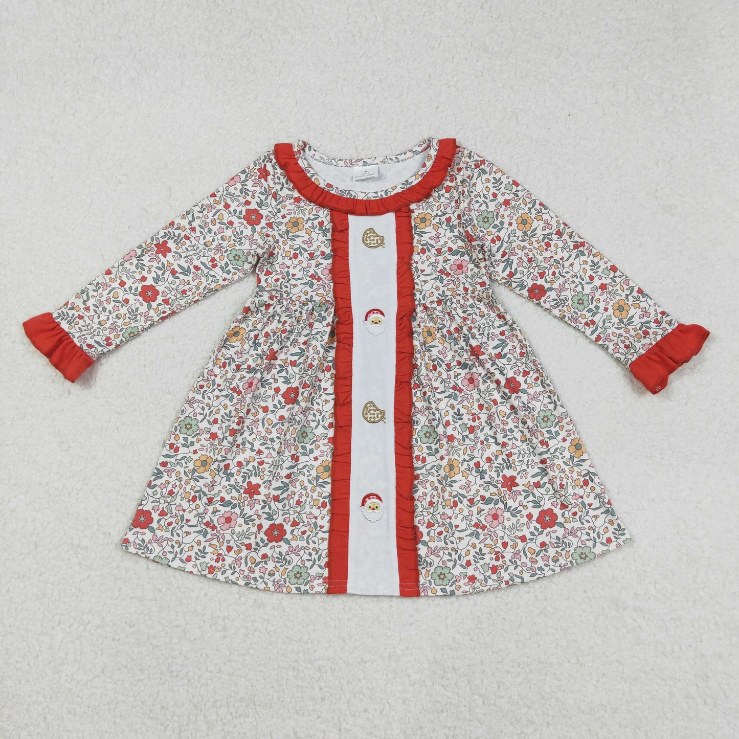 GLD1062 Embroidery Baby Girls Long Ruffle Sleeves Orange Floral Santa Cakes Knee Length Dress C9.6