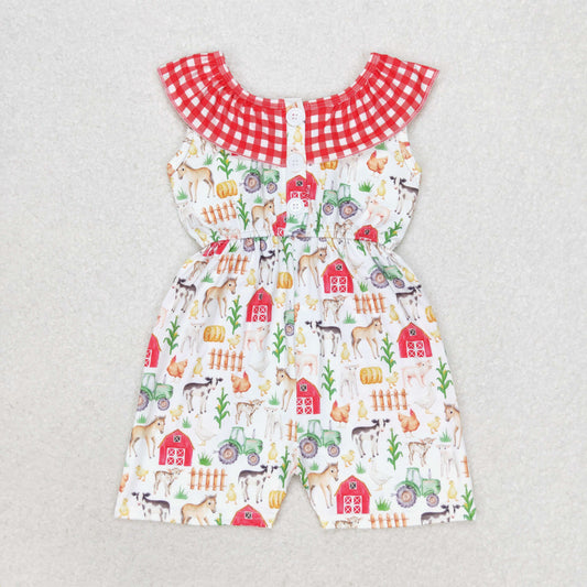 SR1301 Farm Animal Red House Red plaid lace sleeveless onesie