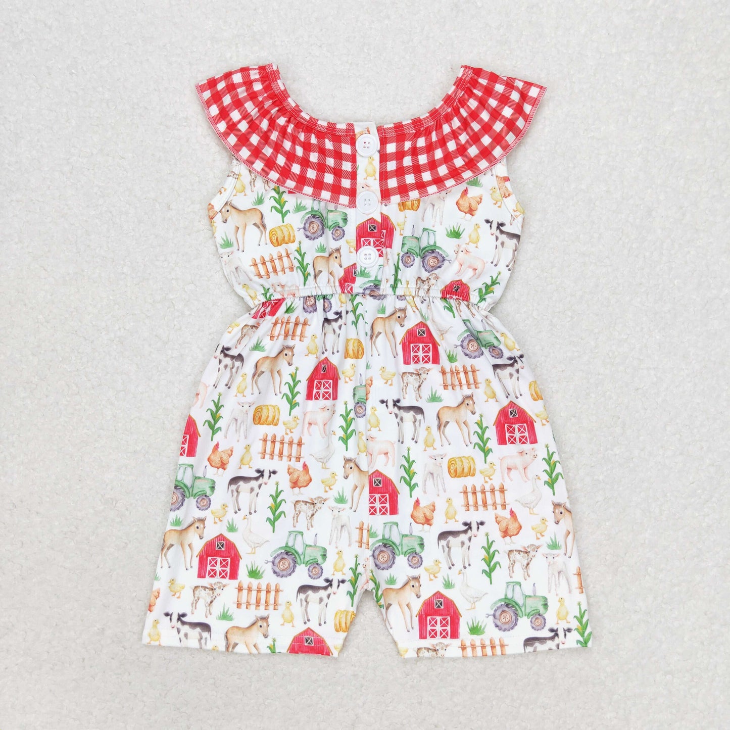 SR1301 Farm Animal Red House Red plaid lace sleeveless onesie