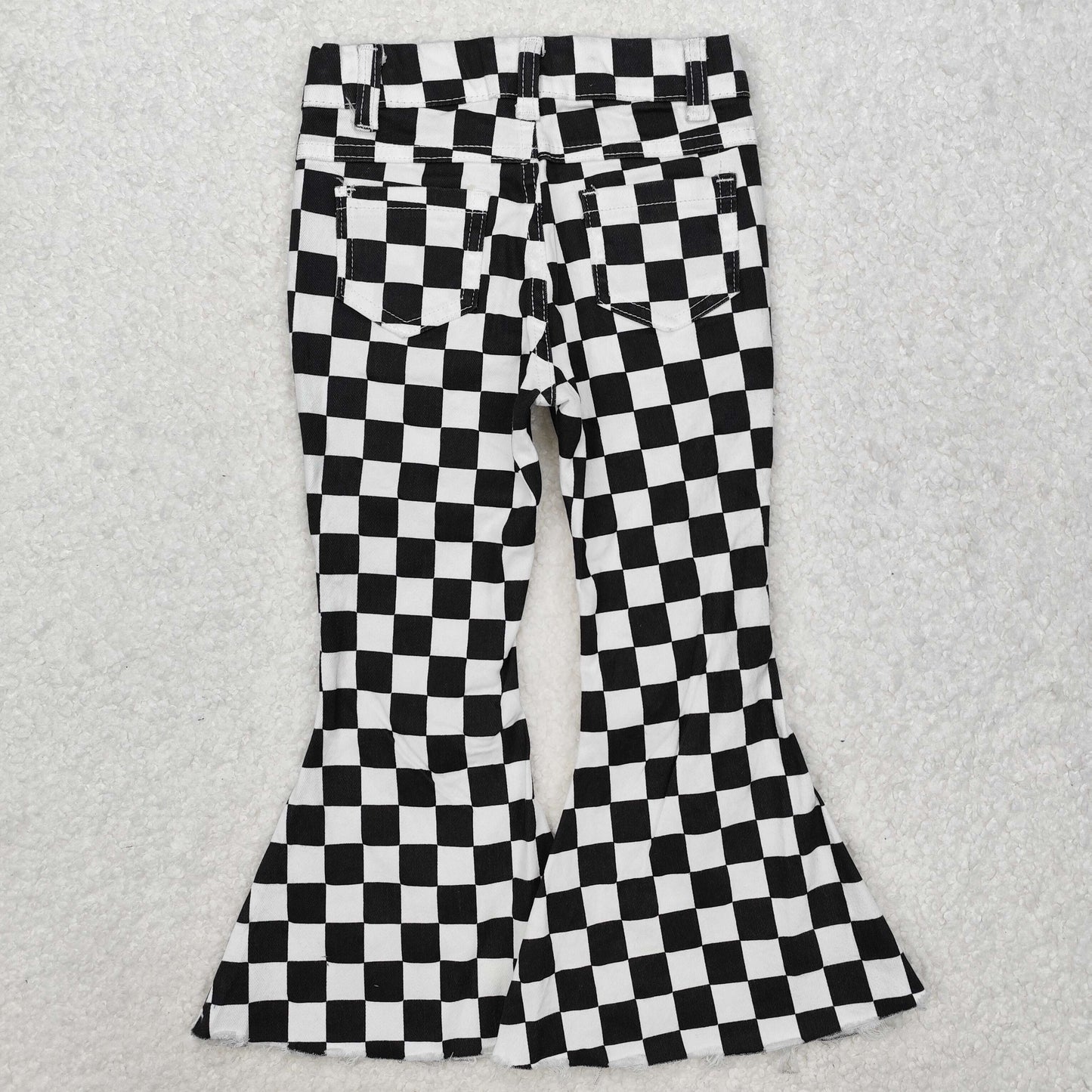 P0349 Baby Girls Black Checkered Bell Flare Denim Pants Jeans