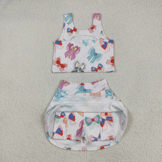 GSD2046 Baby Girls Colorful Hero Bows Athletic Active Wear Top Shorts Skirts Clothes Set 5.8