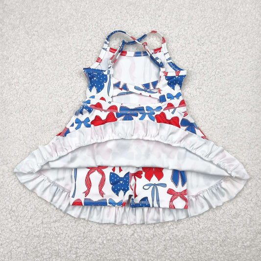 GSD2345 Baby Girls Strap Blue Red Bows 4th Of July Active Knee Length Dress 5.8