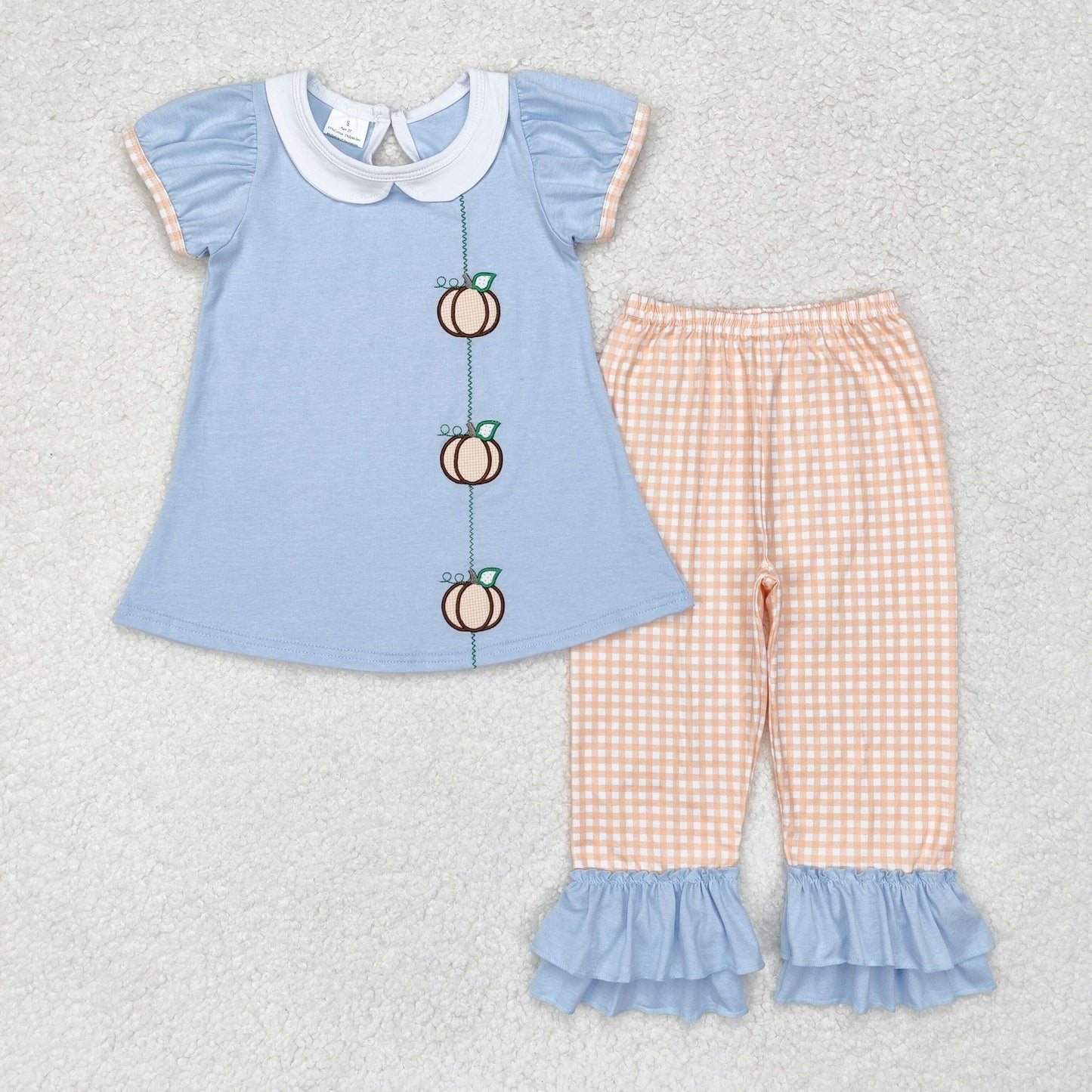 GSPO1534 Embroidered pumpkin doll collar blue short sleeve orange plaid pantsuit