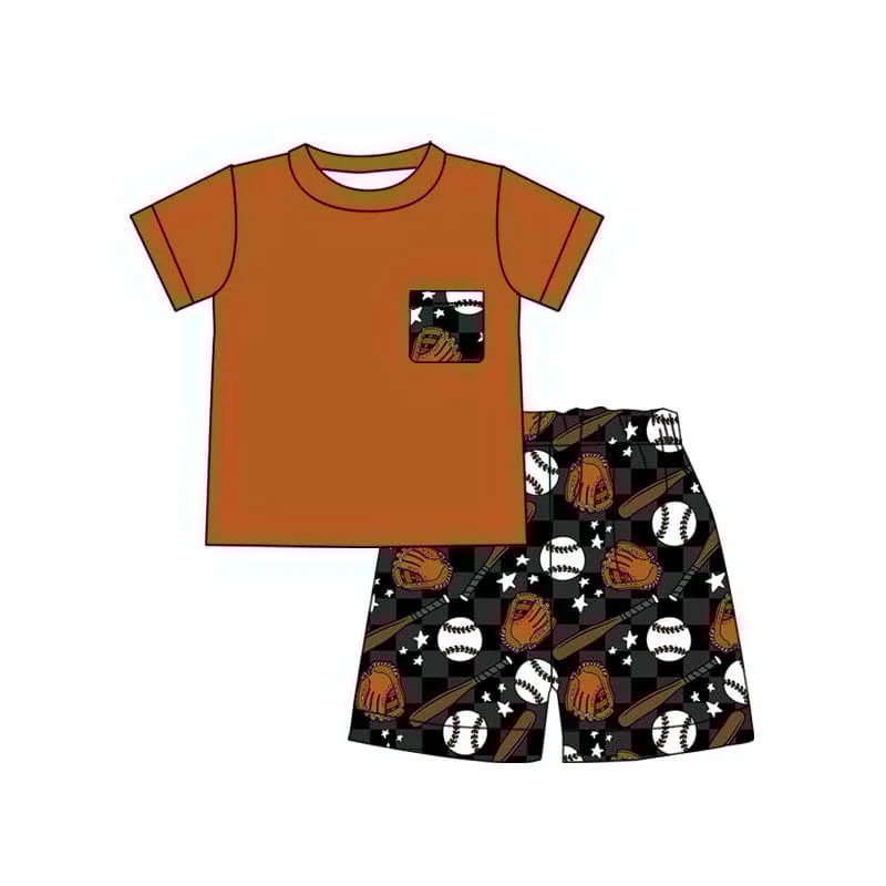 4.14 Custom Baby Boys Brown Short Sleeves Pocket Top Stars Baseball Short Set (MOQ 3)