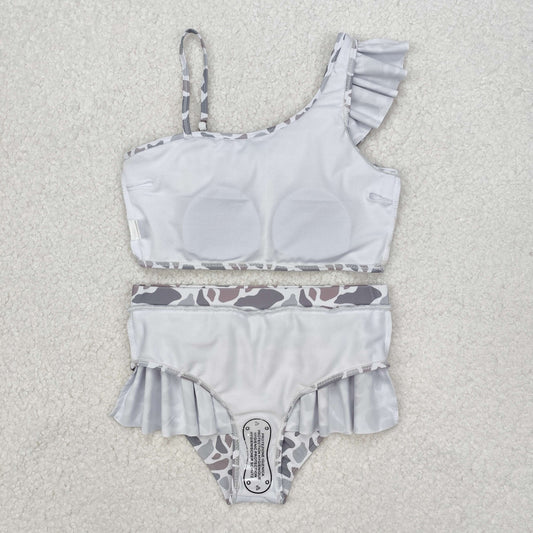 S0457 Baby Girls Grey Camo Ruffle Top Bummie 2pcs Swimsuit