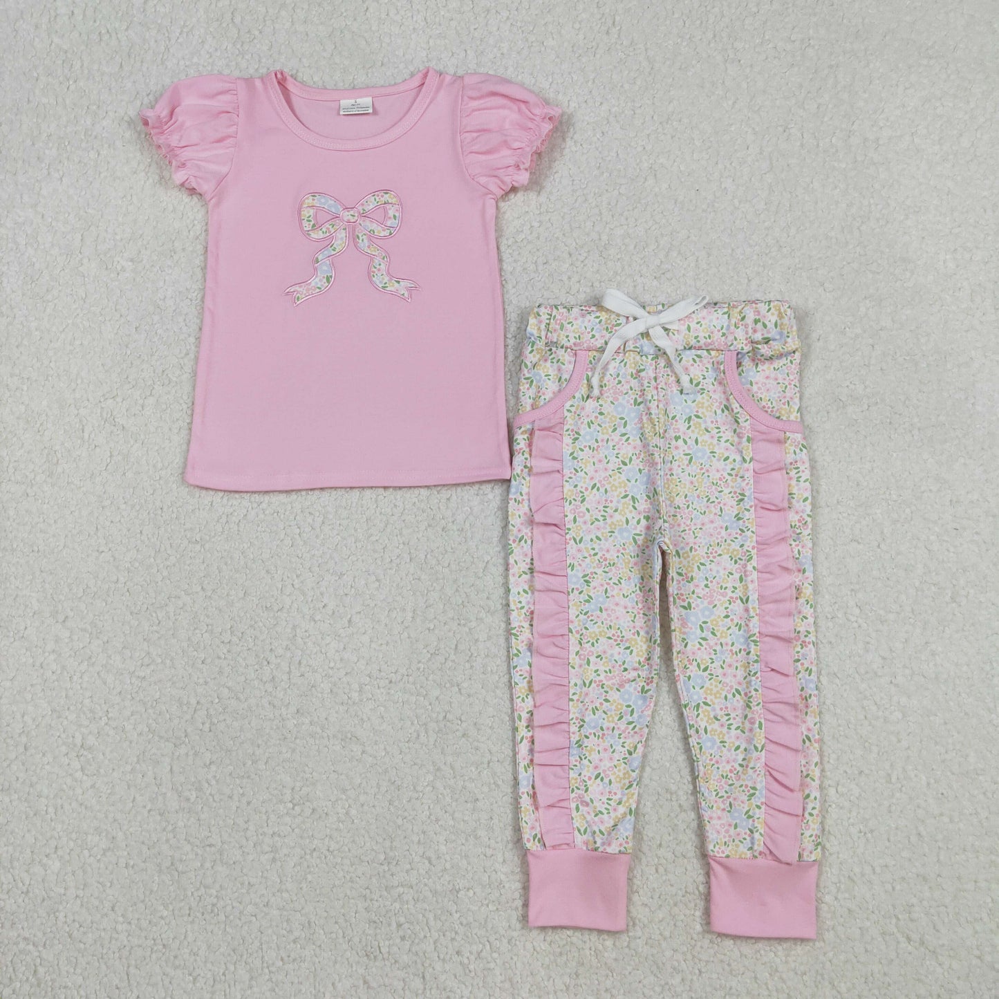 GSPO2060 Embroidery Floral Bows Baby Girls Shirt Pockets Ruffle Leggings Clothes Set C12.8