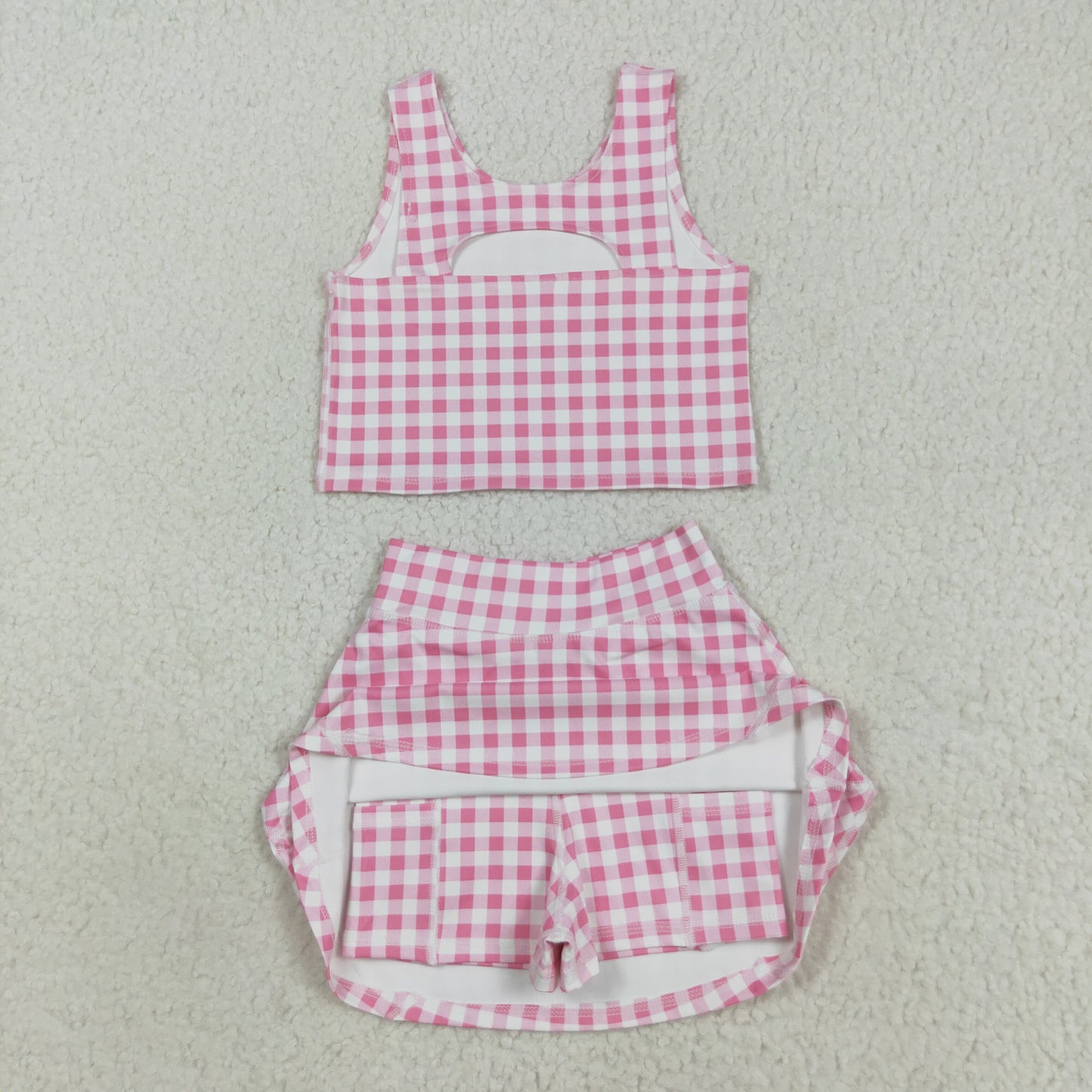 GSD2786 Baby Girls Sleeveless Pink Checked Vest Top Skorts Yoga Activity Set 8.12