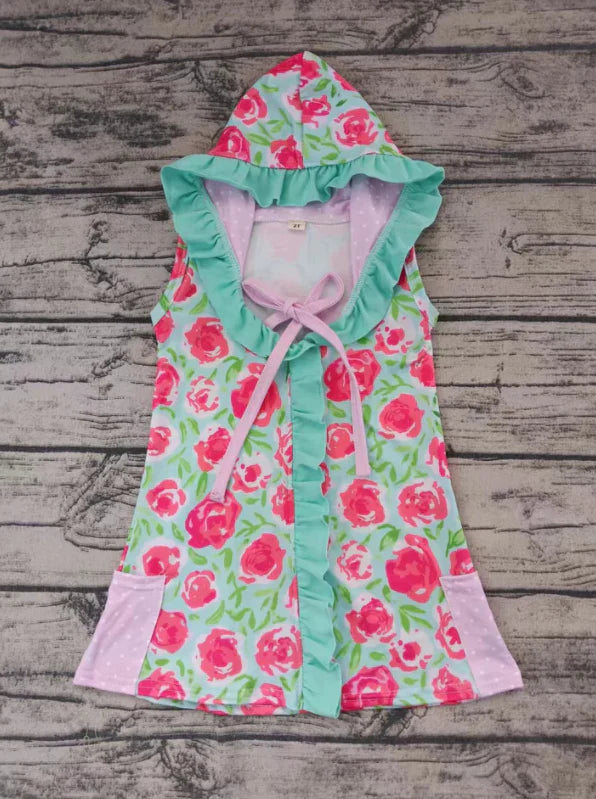 4.14 Custom Baby Girls Sleeveless Pink Floral Zipper Pockets Hoodies Knee Length Dress(MOQ 3)