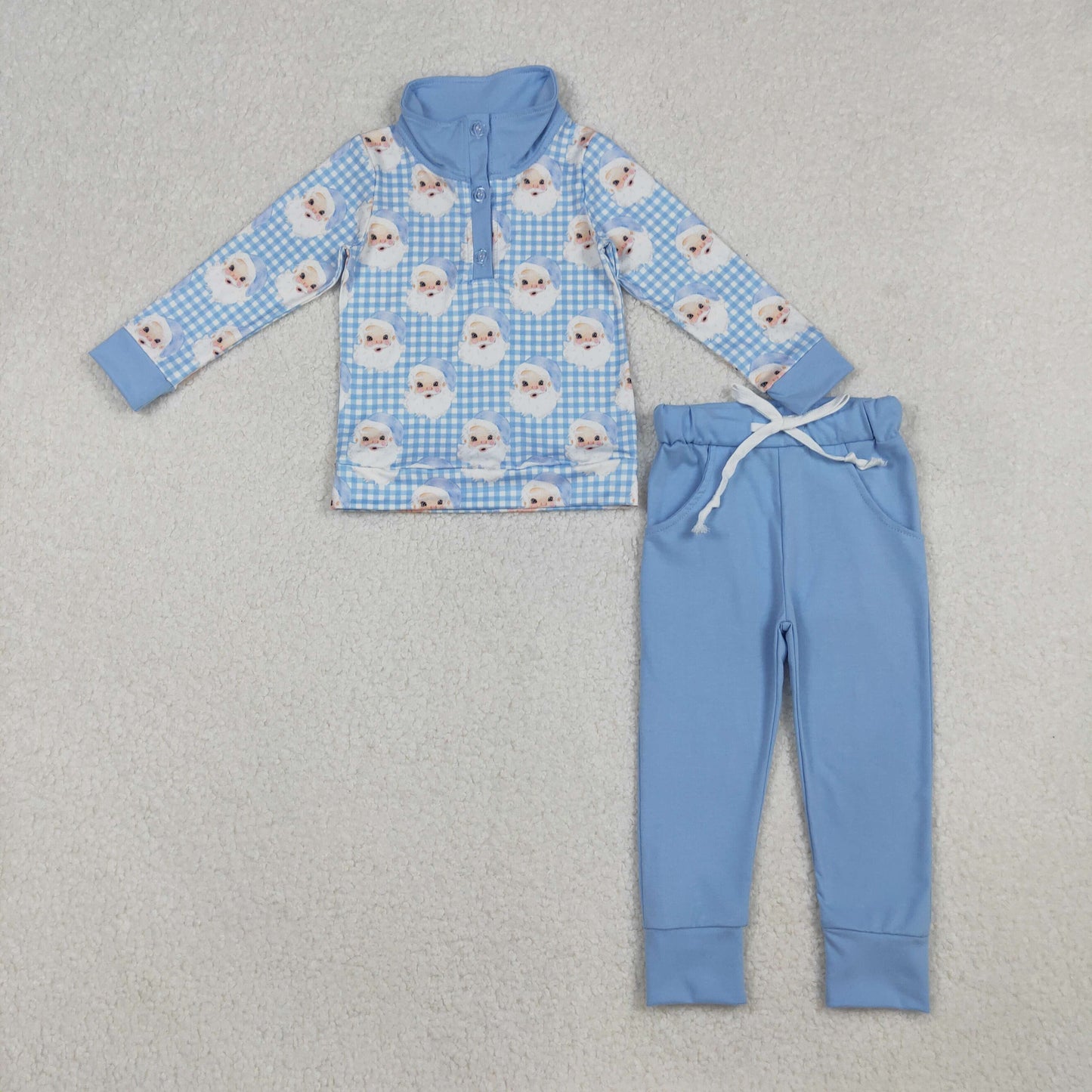 BLP1295 Baby Boys Blue Checked Santa Button Top Pockets Pants Christmas Clothes Set C10.14